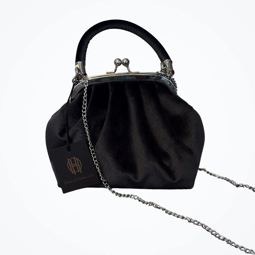 House of‎ Harlow 1960 Black velvet Kiss Lock Top Handle Clutch Crossbody NWT